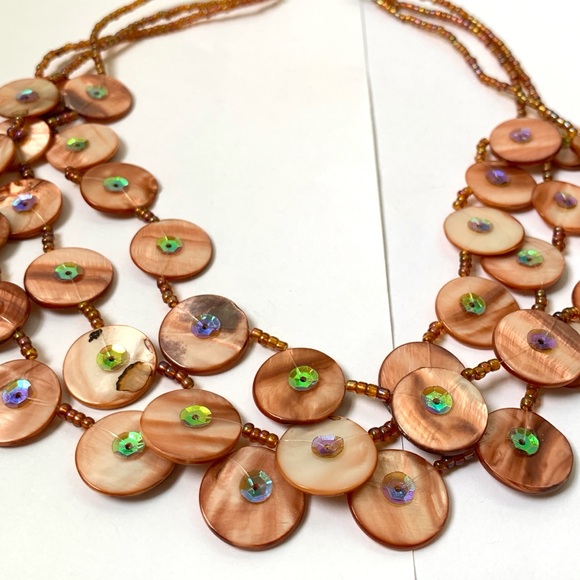 pink tan pearly disc beads 3 strand necklace with iridescent sequins boho chic - Picture 7 of 17